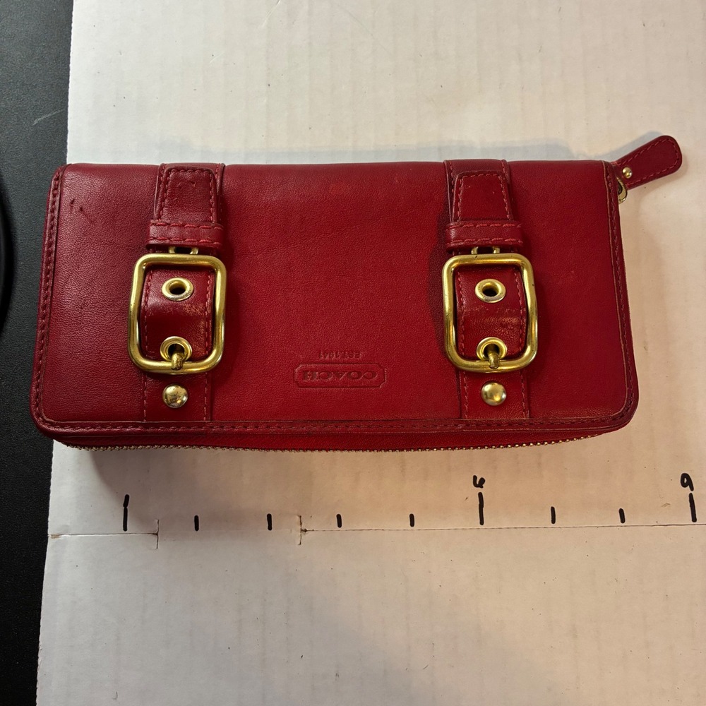 Coach Zoe Red Leather Wallet Soho Double Buckle Zip Around Y2K Clutch 8" - Picture 7 of 16
